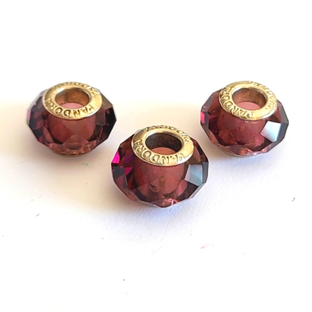 3 Pandora Sterling Silver Crystal Purple Burgundy Murano Glass Beads
